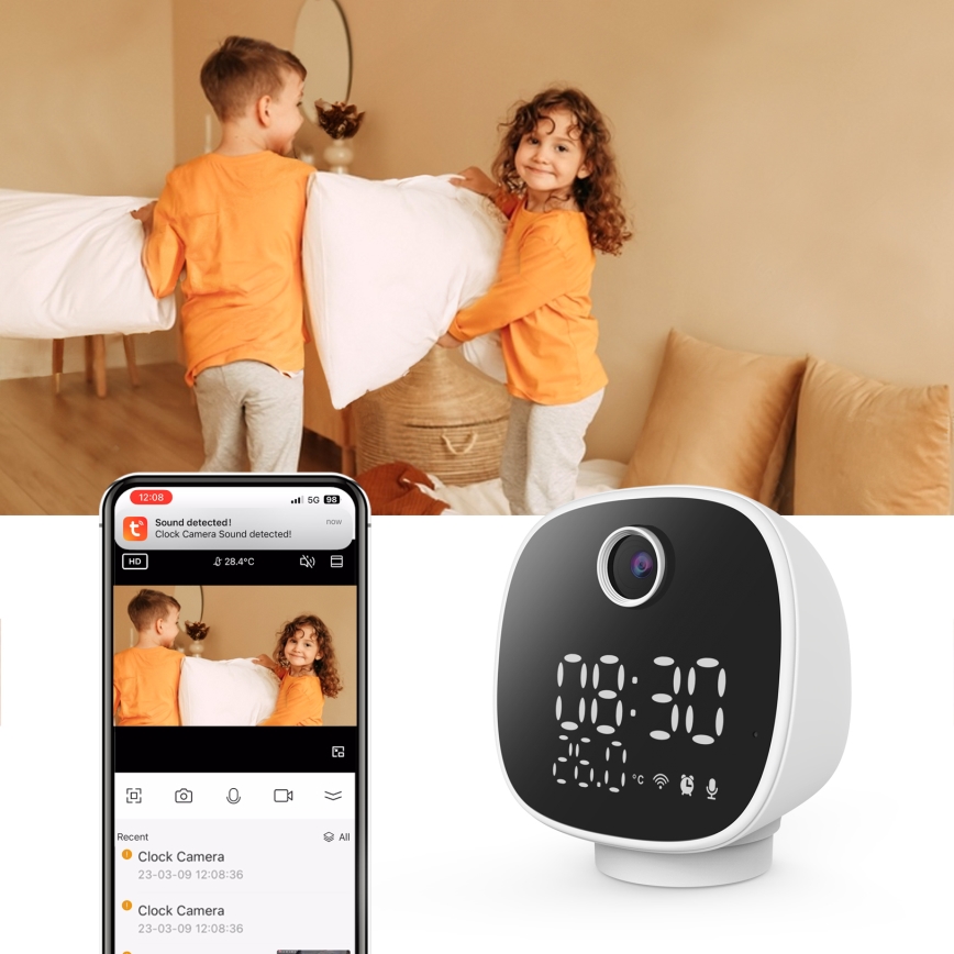 Câmara inteligente com despertador, termómetro e luz LED 1296p 3Mpx 5V Wi-Fi Tuya IP65