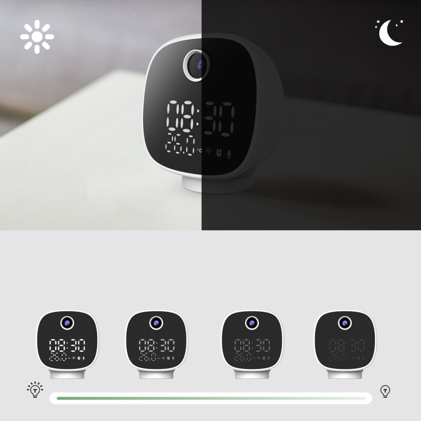 Câmara inteligente com despertador, termómetro e luz LED 1296p 3Mpx 5V Wi-Fi Tuya IP65