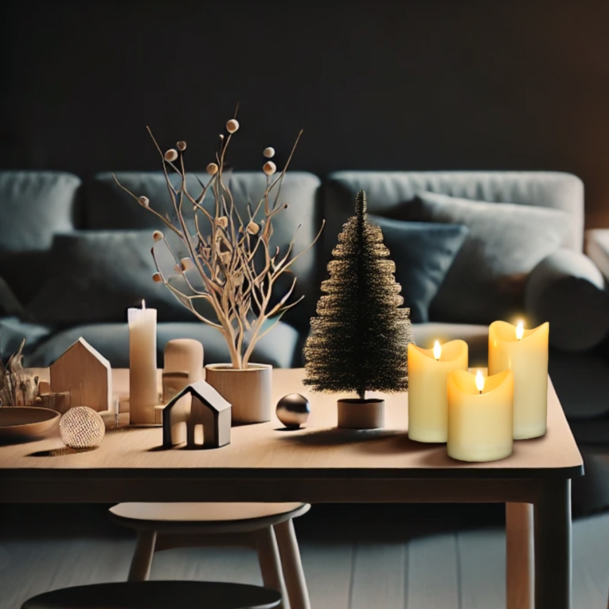 CONJUNTO 3x Velas de cera natural LED/3xAAA/branco quente