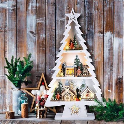 Decoração de Natal LED — árvore de madeira elegante, 13 LEDs, funciona com 2 pilhas AA