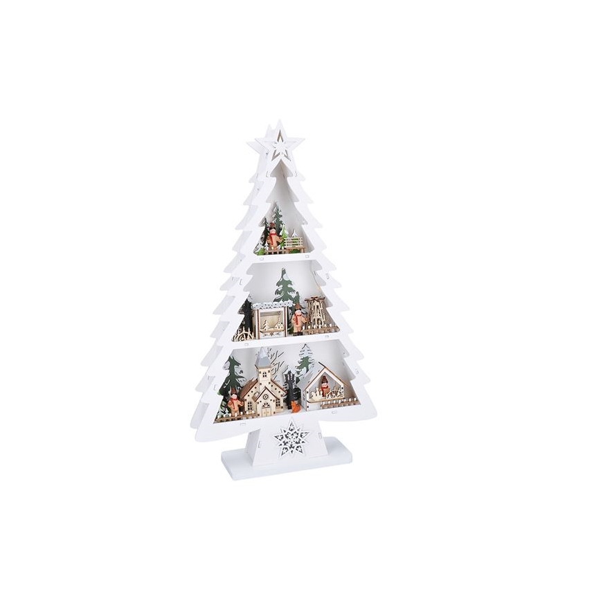 Decoração de Natal LED — árvore de madeira elegante, 13 LEDs, funciona com 2 pilhas AA