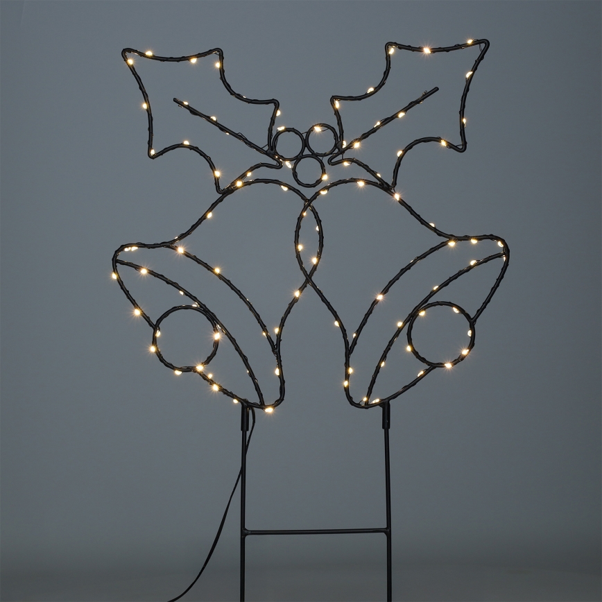 Decoração de Natal LED para exterior, 100 LEDs, 3xAA, IP44, branco quente, sinos