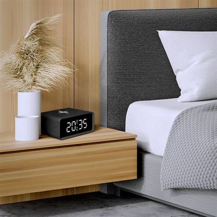 Relógio digital com carregador sem fios Qi 230V/CR2032 preto