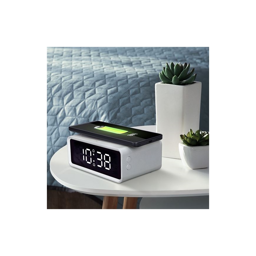 Relógio digital com carregador sem fios Qi, 230V/CR2032, branco