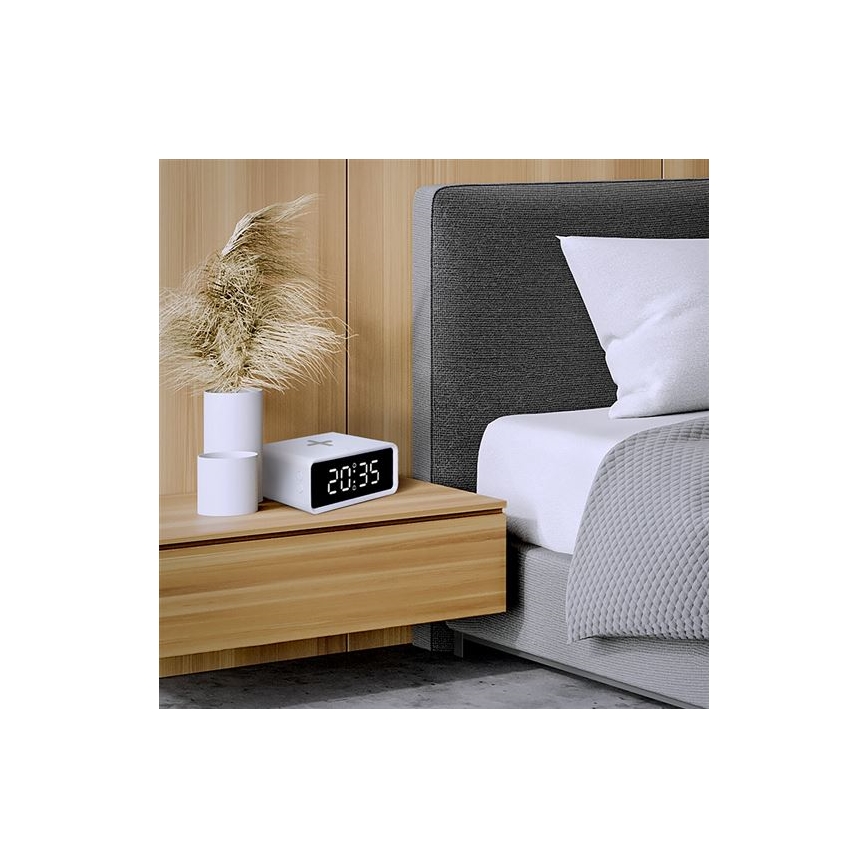 Relógio digital com carregador sem fios Qi, 230V/CR2032, branco