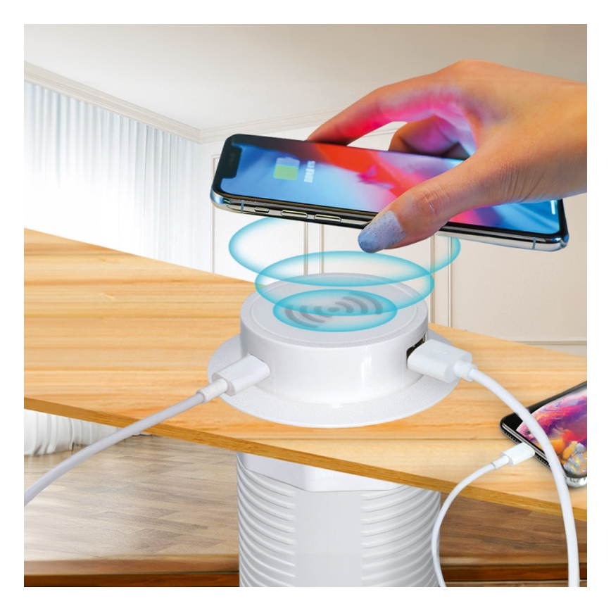 Carregador sem fios incorporado + USB A+C branco