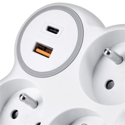 Régua de tomadas 3x 16A + carregador rápido USB-A e USB-C 20W