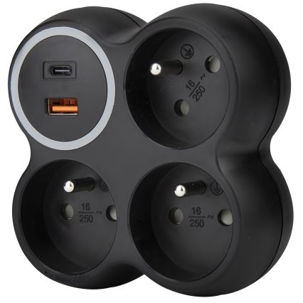 Régua de tomadas 3x 15A com portas USB-A e USB-C, preta
