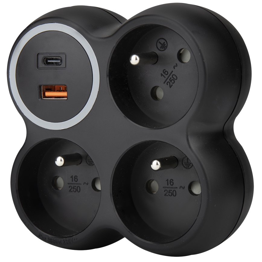 Régua de tomadas 3x 15A com portas USB-A e USB-C, preta