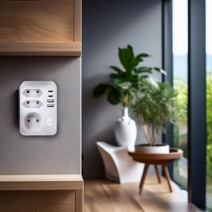 Régua de tomadas 1x16A+2x2,5A com carregador integrado 2x USB (A+C), branca