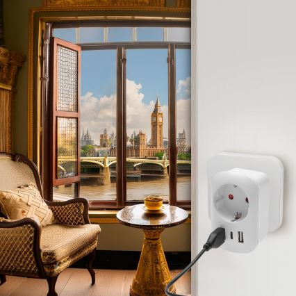 Adaptador de viagem para o Reino Unido — 230 V, 2x USB-A + 1x USB-C