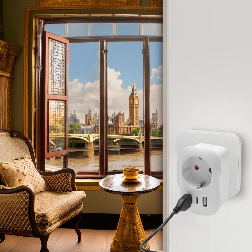 Adaptador de viagem para o Reino Unido — 230 V, 2x USB-A + 1x USB-C