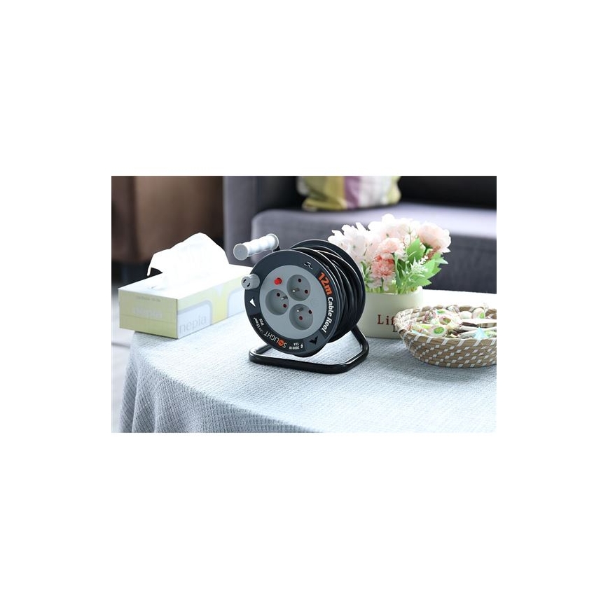 Carretel de cabo de extensão 3 tomadas, 12 m