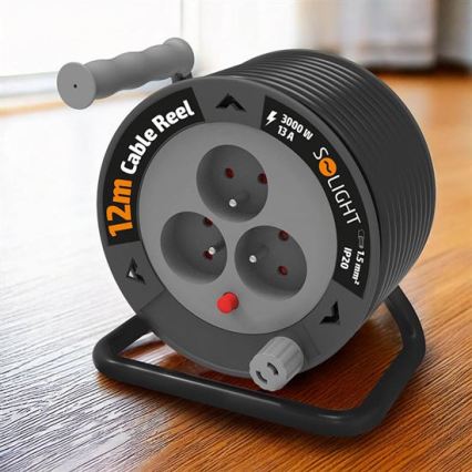Carretel de cabo de extensão 3 tomadas, 12 m