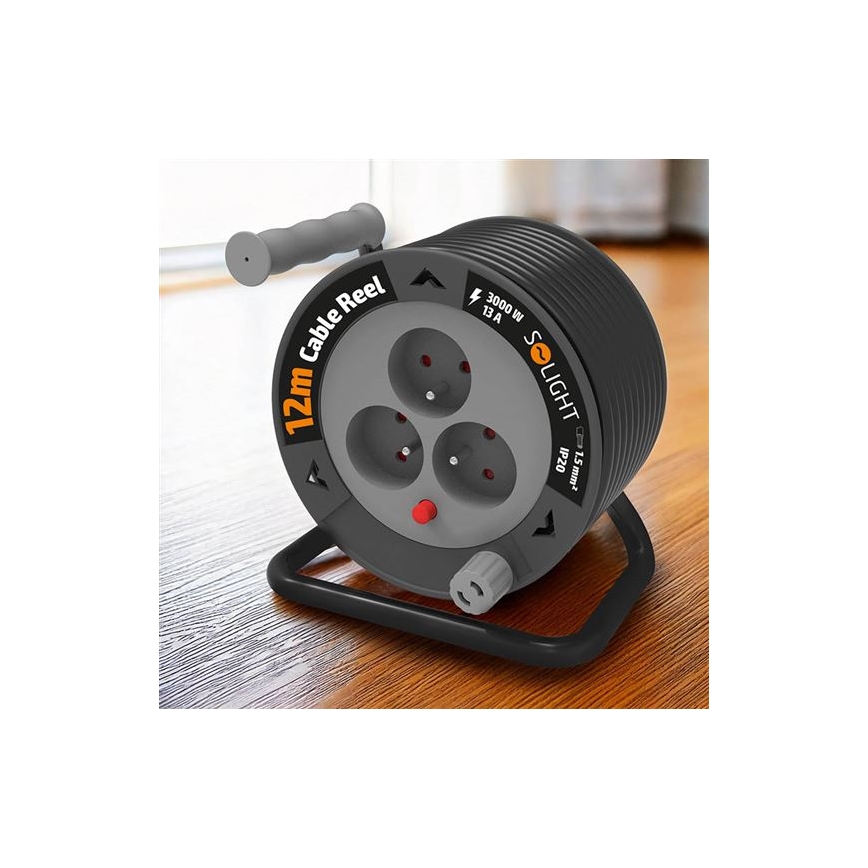 Carretel de cabo de extensão 3 tomadas, 12 m