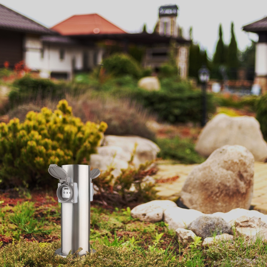 Coluna de tomada exterior 2x 230V IP44 cromo mate redonda