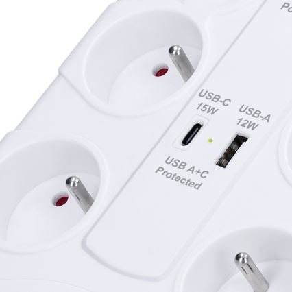 Cabo de extensão com interruptor e proteção contra sobretensões 8Z Tipo E + 1x USB-A + 1x USB-C 2 m branco