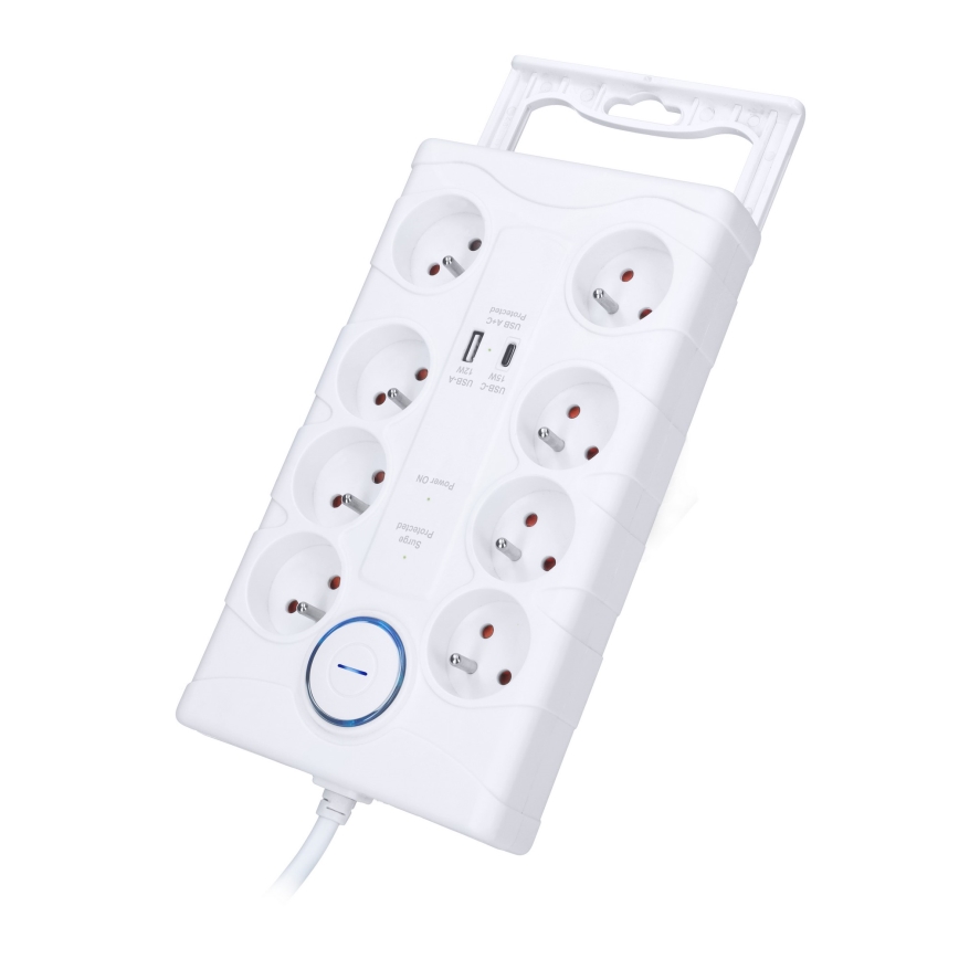 Cabo de extensão com interruptor e proteção contra sobretensões 8Z Tipo E + 1x USB-A + 1x USB-C 2 m branco