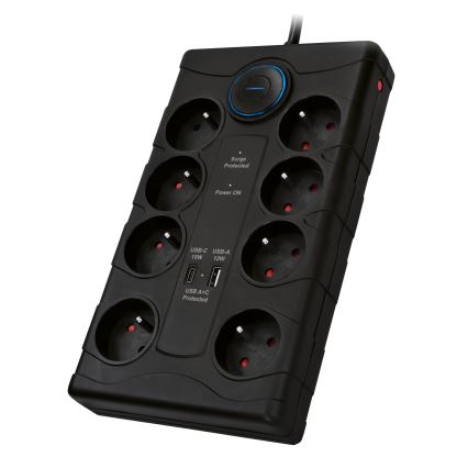 Cabo de extensão com interruptor e proteção contra sobretensões, 8 tomadas Tipo E + 1x USB-A + 1x USB-C, 2 m, preto