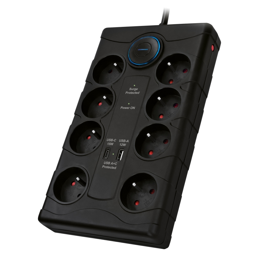 Cabo de extensão com interruptor e proteção contra sobretensões, 8 tomadas Tipo E + 1x USB-A + 1x USB-C, 2 m, preto