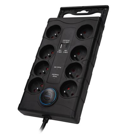 Cabo de extensão com interruptor e proteção contra sobretensões, 8 tomadas Tipo E + 1x USB-A + 1x USB-C, 2 m, preto