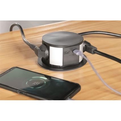 Solight PP100USBC-B - Coluna de tomadas para tampo da mesa 3x230V + 2xUSB preto