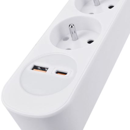 Cabo de extensão com interruptor, 3 tomadas e carregamento USB-A e USB-C, 2 m