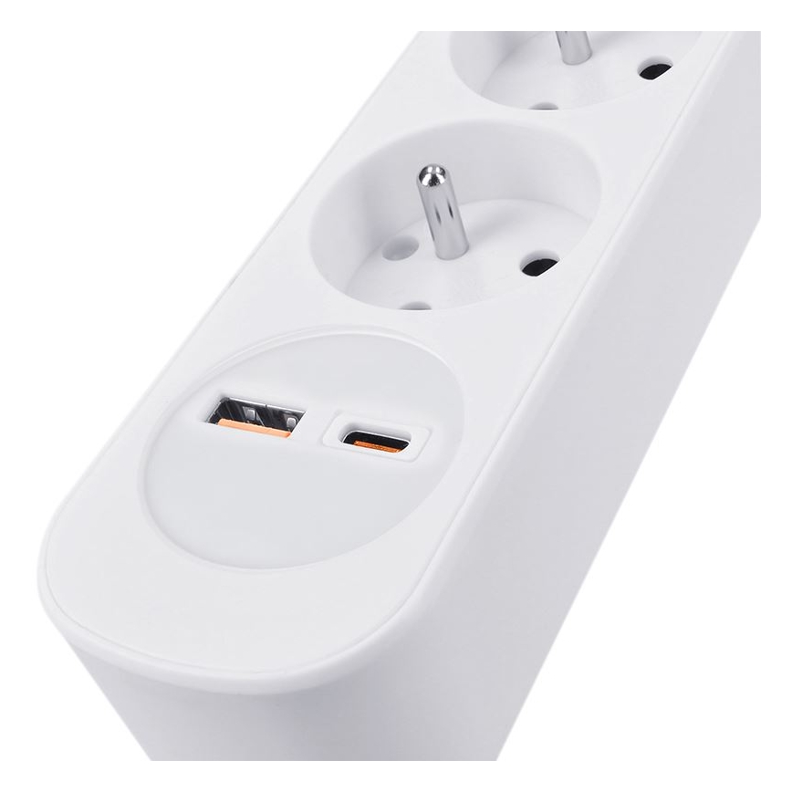 Cabo de extensão com interruptor, 3 tomadas e carregamento USB-A e USB-C, 2 m