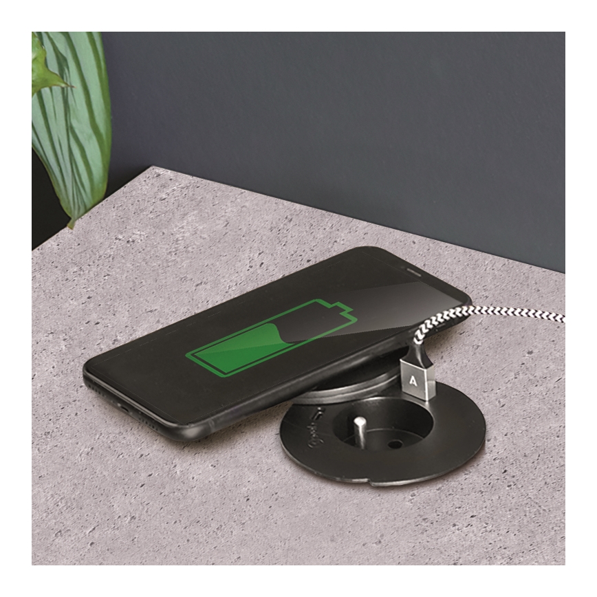 Tomada embutida com carregamento sem fios de 10 W, 1 tomada + USB A+C preta