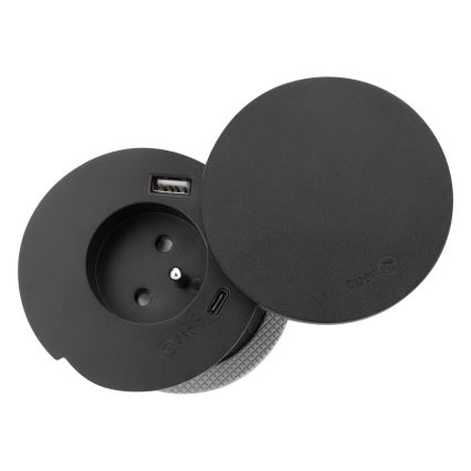 Tomada embutida com carregamento sem fios de 10 W, 1 tomada + USB A+C preta