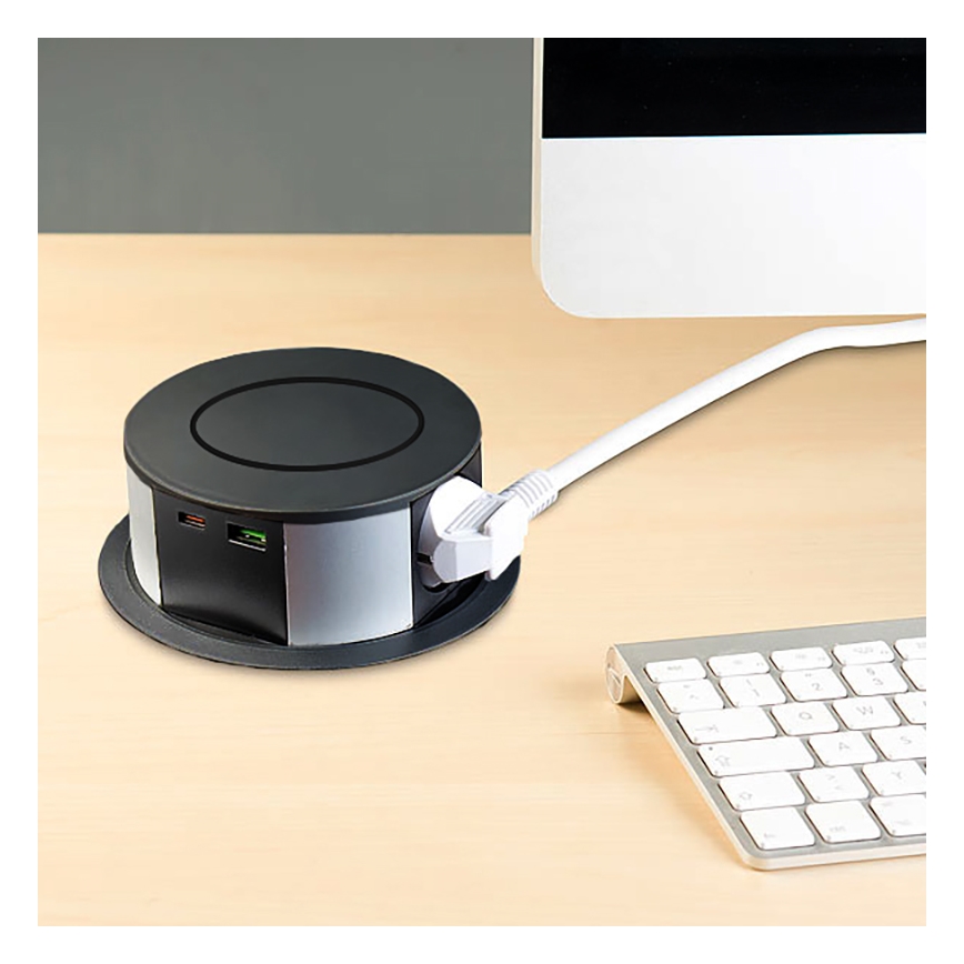 Coluna de tomadas para tampo de mesa com carregamento sem fio Qi 3x230V + 1xUSB-A + 1xUSB-C preto/prateado