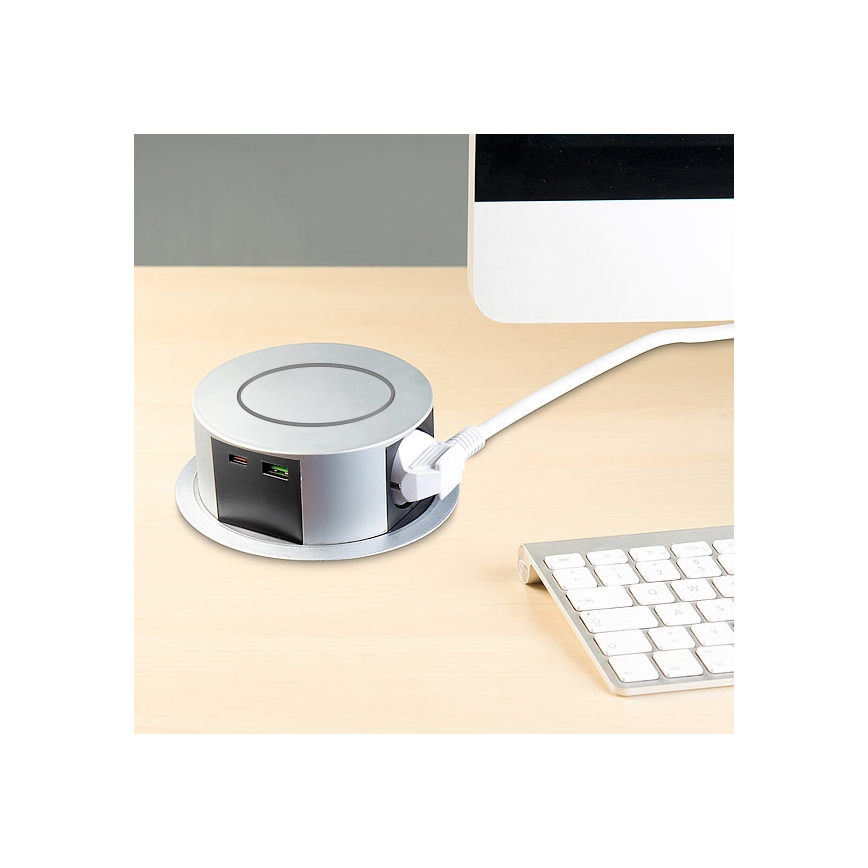 Coluna de tomadas para tampo de mesa com carregamento sem fio Qi 3x230V + 1xUSB-A + 1xUSB-C prata/preto