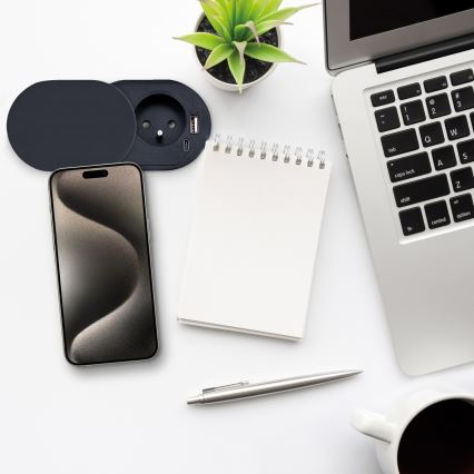 Tomada de embutir com tampa deslizante, 20W, 1 tomada + USB A+C, preta