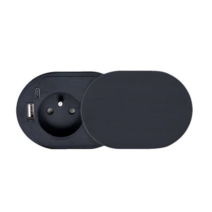 Tomada de embutir com tampa deslizante, 20W, 1 tomada + USB A+C, preta