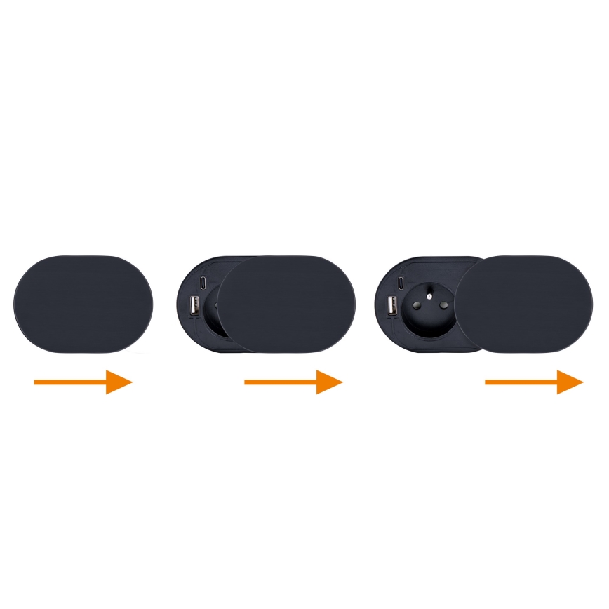 Tomada de embutir com tampa deslizante, 20W, 1 tomada + USB A+C, preta