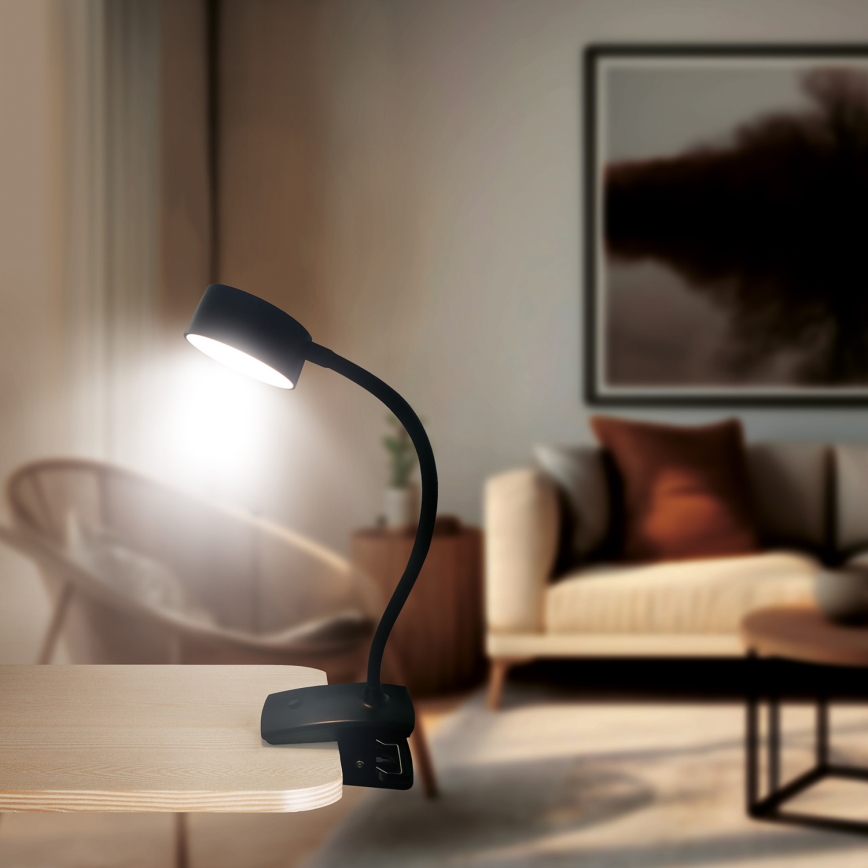 Lâmpada de mesa flexível recarregável LED dimmerizável com clipe LED/2W/1800 mAh 3000/4000/6500K preta