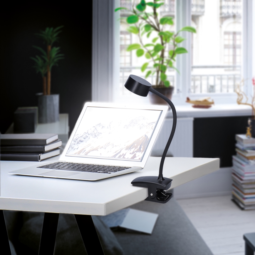 Lâmpada de mesa flexível recarregável LED dimmerizável com clipe LED/2W/1800 mAh 3000/4000/6500K preta