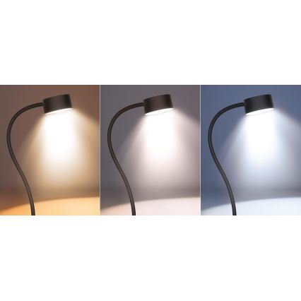 Lâmpada de mesa flexível recarregável LED dimmerizável com clipe LED/2W/1800 mAh 3000/4000/6500K preta