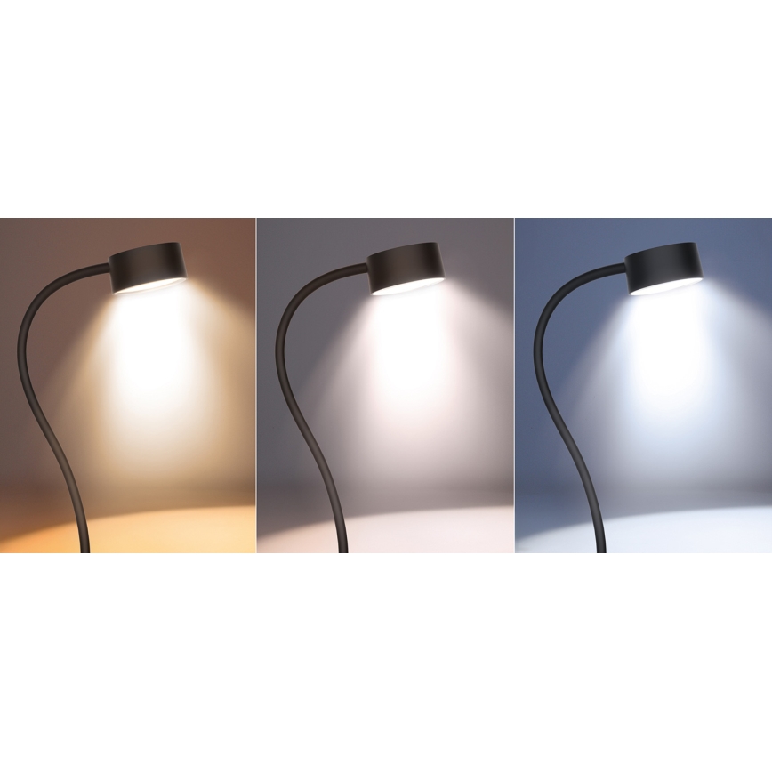 Lâmpada de mesa flexível recarregável LED dimmerizável com clipe LED/2W/1800 mAh 3000/4000/6500K preta