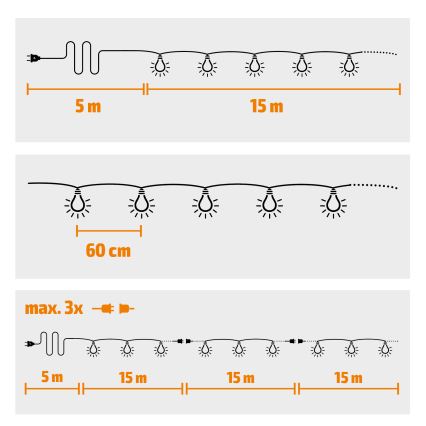 LED corrente decorativa para exterior GIRLANDA 25xE12 20m IP44 branco quente