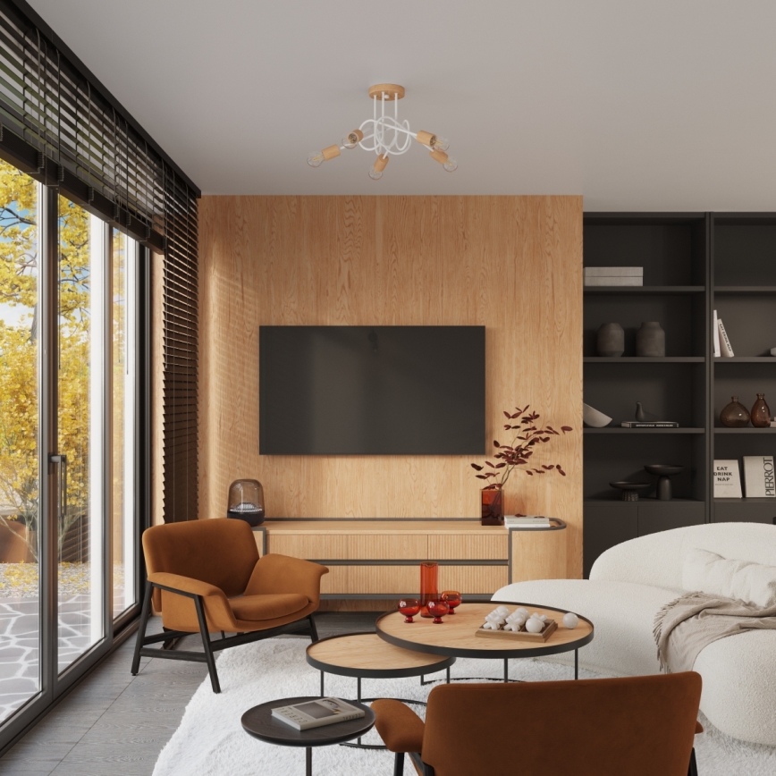 Candeeiro integrado EMBER 5xE27/15W/230V branco/bege/faia