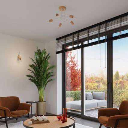 Candeeiro integrado EMBER 5xE27/15W/230V branco/bege/faia