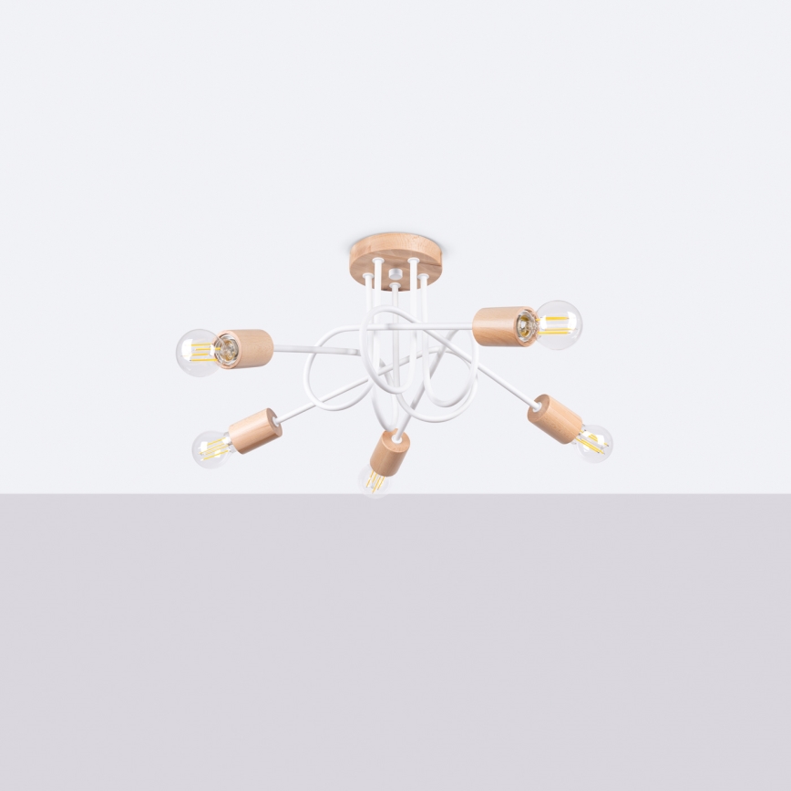 Candeeiro integrado EMBER 5xE27/15W/230V branco/bege/faia