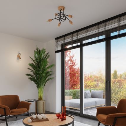 Candeeiro integrado EMBER 5xE27/15W/230V preto/bege/faia