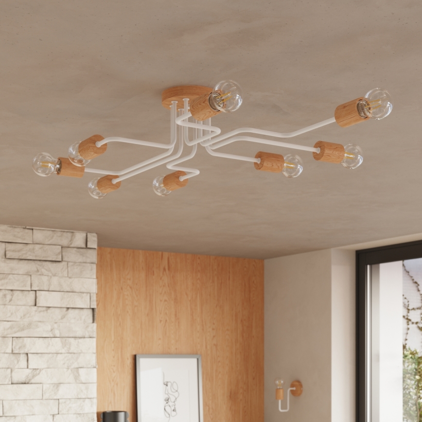 Candeeiro integrado TIMBO 8xE27/15W/230V branco/bege/faia