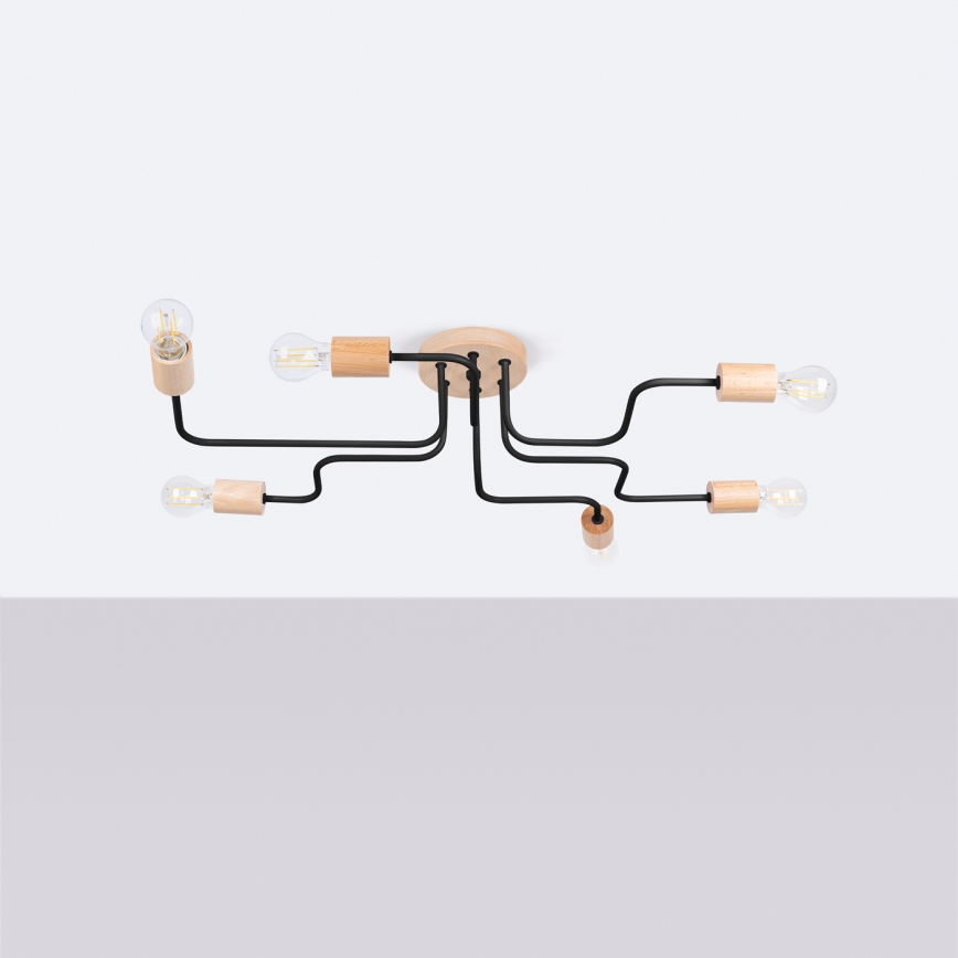 Candeeiro integrado TIMBO 6xE27/15W/230V preto/bege/faia