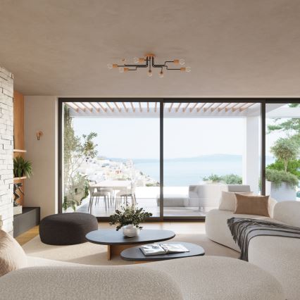 Candeeiro integrado TIMBO 8xE27/15W/230V preto/bege/faia