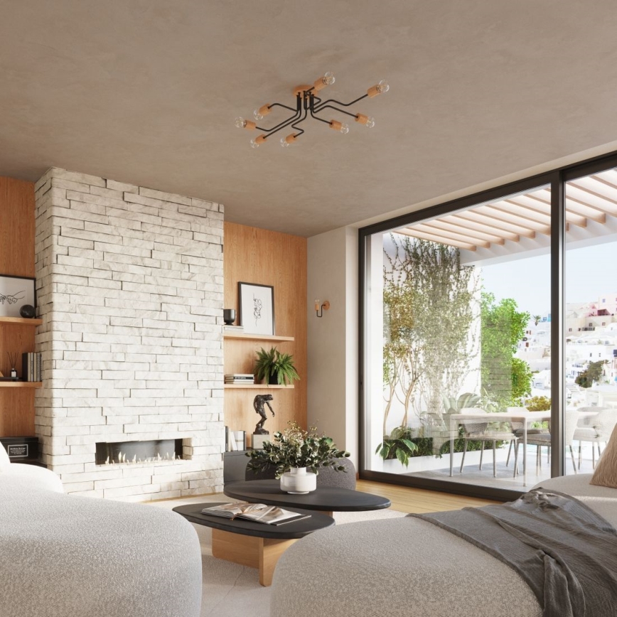 Candeeiro integrado TIMBO 8xE27/15W/230V preto/bege/faia