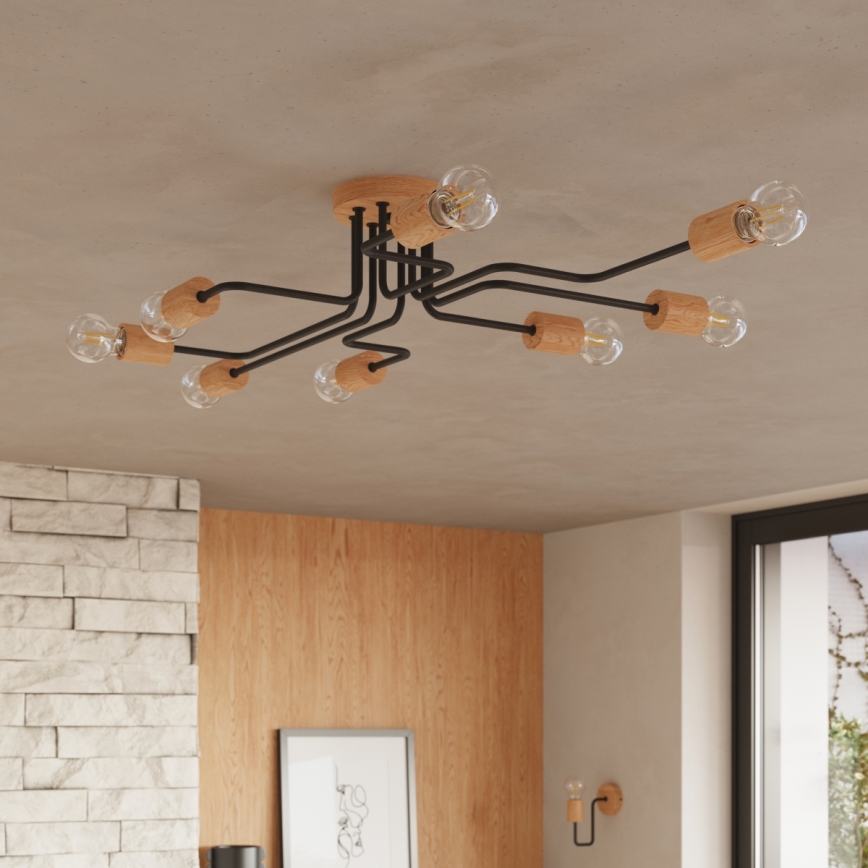 Candeeiro integrado TIMBO 8xE27/15W/230V preto/bege/faia