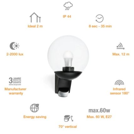 STEINEL 005535 - Iluminação de parede exterior com sensor L585S 1xE27/60W preto IP44